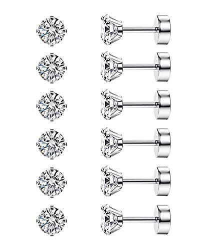 CASSIECA 20G Cartilage Earring Stud for Women Men 316L Surgical Steel Flat Back Earrings Set, 2-6mm Round CZ Screw Back Stud Earrings for Cartilage Tragus Helix Piercing Jewelry