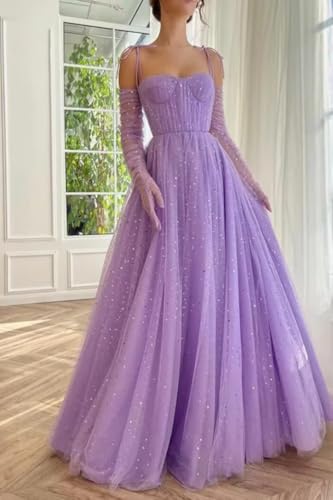 Zepumen Sparkly Starry Tulle Prom Dresses for Women Long Sleeves Spaghetti Straps Long Formal Evening Party Gowns2