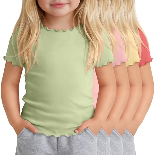 Oakgarden 4 Pack Toddler Girls Short Sleeve Shirts Lettuce Trim Fitted Crew Neck Tops Kids Basic Cute Tees 18M-5T(Fruit Green Light Pink Yellow Watermelon Red 4T)