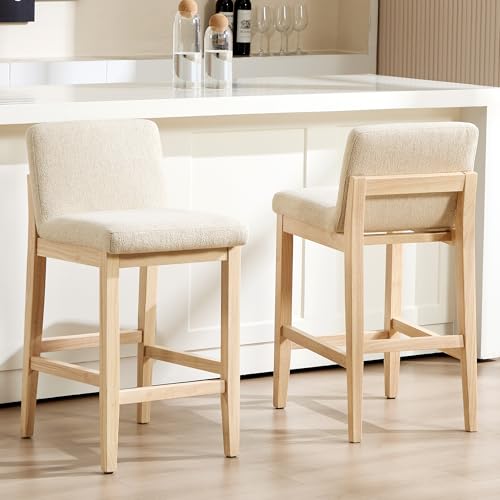 Image of Zesthouse Wood Bar Stools Counter Height Set of 2, 26 inch Modern Bar Stools with Padded Backs & Solid Wooden Legs, Mid Century Upholstered Barstools, Beige Linen Fabric High Chairs for Kitchen Island