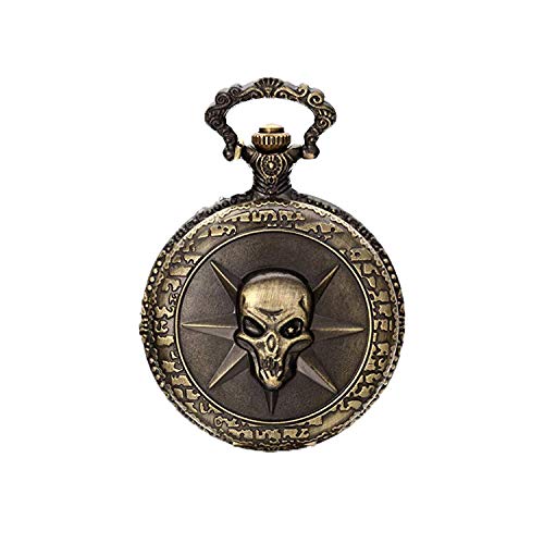 JewelryWe Montre de Poche Quartz Tête de Mort Crâne Gothique Diable Vintage Pendentif Collier Alliage Fantaisie pour Homme et Femme Couleur Bronze avec Sac...
