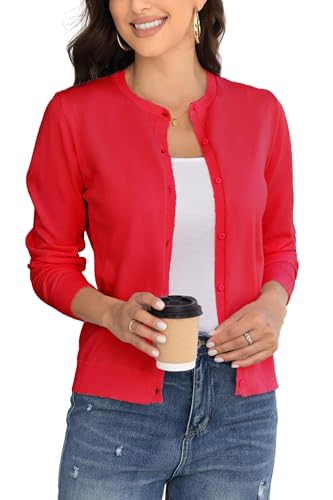 Image of BERESIA Ladies Cardigan Womens Knit Sweater with Buttons Round Neck Crewneck Coat Elegant, Red S