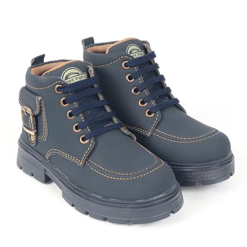 Image of Freeplay Kids Boys Lace-Up Ankle Boots with Buckle Strap | Stylish Casual Outdoor Boots | Anti-Slip Durable Sole | Comfortable Fit | Black, Blue, Green, Tan
