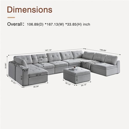 Image of QHITTY Large Sectional Modular Sofa, 9 Seater Accent Couch with Hidden Extra Large Storage Space for Living Room, Grey