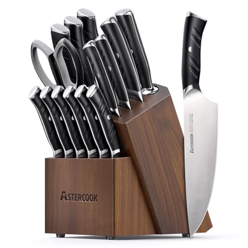 Astercook Kitchen Knife Set, 15 Piece Knife Block Sets with German 1.4116 Steel Sharper and Rust Proof, Full Tang Knives Set with Ergonomic Nylon Handle, Dishwasher Safe Black