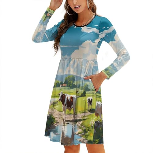 Vestidos de otoño para mujer 2024 – Vestidos casuales de manga larga de vaca de granja para mujer, Negro, S