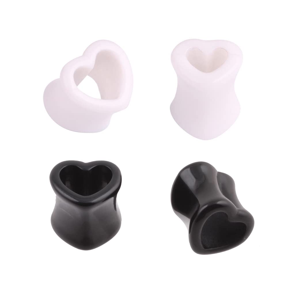 2Pairs Heart Shape Acrylic Ear Tunnel Plugs Ear Gauges Expanders Black White Double Flared Tunnels Stretcher Earrings Cute Love Lobe Piercing Body Jewelry Set Gifts Bff Birthday