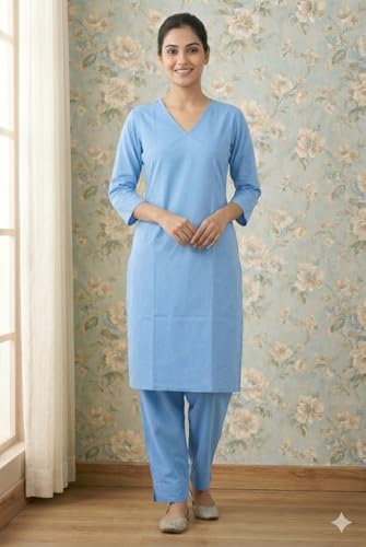 Image of JAIPUR HAND BLOCK Women's Cotton plain Straight Salwar Suit | V-Neck | 3 /4th Sleeve | Regular Fit | Daily, Office & Ethnic Wear(ST00125-V-NEW)