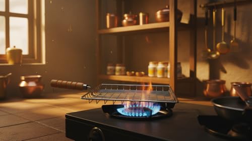 Image of Phulka Grill Roaster for Gas Stove, Grill Tawa Jali for Kitchen Cooking, Roti Basket Pulka Pan Roaster Grill with Wood Handle, Papad Jali, Deep Square Roaster (Steel Wire) (SQ002)