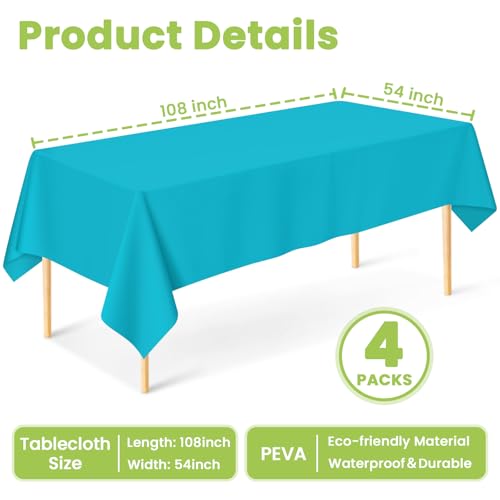 Image of Mulbozy Teal Plastic Tablecloth Disposable 4 Pack, 54 x 108 Inch