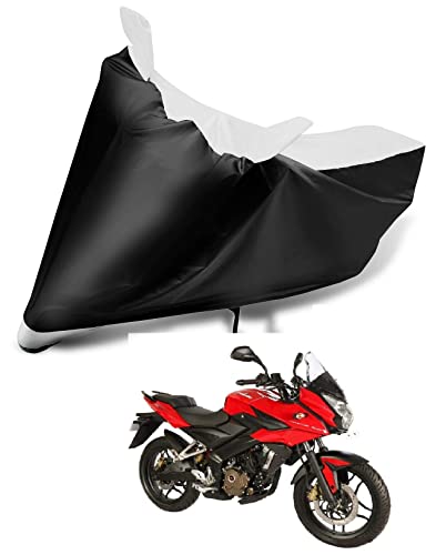 Image of Auto Hub Bike Cover Compatible with Bajaj Pulsar RS 200 with Mirror Pocket, Dustproof, Heat Resistant, Triple Stitched, Pulsar RS 200 Bike Cover- Black, White