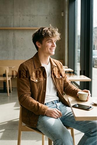 Image of Men's Faux Suede Leather Jacket with Fur Lining, Snap Button Closure, Brown, Lightweight with Chest and Side Pockets