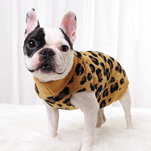 Taotigzu Suéter cálido de punto para perros, estampado de leopardo, cuello alto, abrigo para mascotas para cachorros pequeños, medianos y grandes, gatos (S, amarillo) Cover