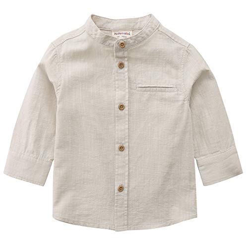 MOMOLAND Little Big Boys Long Sleeve Woven Cotton Button Down Linen Design Shirt Solid Printed