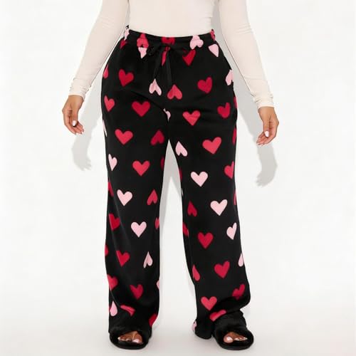 Image of Valentine's Day Flannel Pants Women's Romantic Heart Print Elastic Drawstring Waistband Wide Leg Loose Fit Trousers