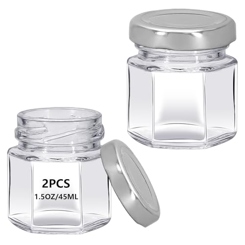 eispap 2Pcs Glass 1.5 oz Mini Clear Honey Jars for Wedding Favor, 45ml Small Glass Favor with Airtight Lids, Gift Jars, Sample Body Butter, Jam, Spices, Herbs, Candy (2, Silver cap, Mini)