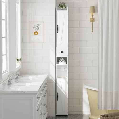 FiveWillowise Badezimmerschrank, Badschrank mit Verstellbare Ablagen, Schmaler Hochschrank mit 2 Türen und 1 Schublade, Schmal Badregal Badmöbel für Badezimmer, Wohnzimmer, Küche