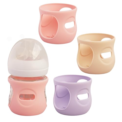 Image of 3 Pack Silicone Sleeves for Avent Natural Glass Baby Bottles, Anti Breakage Baby Bottle Holder, Compatible with Philips Avent Glass Natural Baby Bottle (Cute Pink+Light Purple+Beige, 4 OZ)