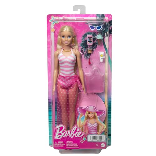 Barbie Plage Poupée Mannequin Blonde avec Maillot De Bain Rose Et Blanc, Chapeau, Sac De Plage Et Accessoires pour La Plage Jouet Enfant, Dès 3 Ans, HPL73 – Image 7