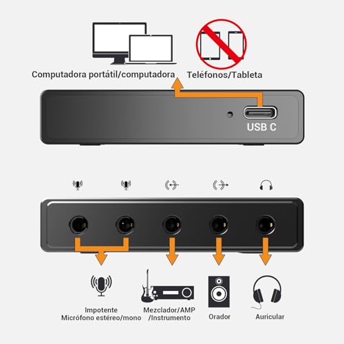 Cubilux CB5 interfaz de audio USB para grabación y podcasting, con entrada estéreo para micrófono, entrada/salida de línea y jack para auriculares, compatible con Windows y Mac - imagen 4