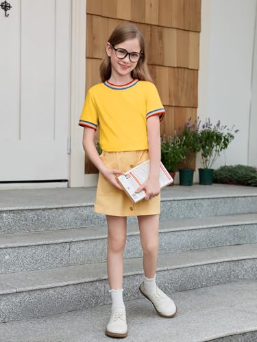 Image of Haloumoning Girls Short Sleeve T-Shirts Summer Rainbow Tops 5-14 Years | Kids Basic Tees, Rainbow Trim Ringer Tees, Crewneck Tops, Casual, Loose Fit