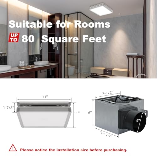 Image of Akicon Bathroom Exhaust Fan with Shower Light, 15W Dimmable 3CCT LED with 3.5W Night Light Vent Fans, 80 CFM, 2 Sones Bath Fan Light Combo for Bathroom and Home, Square, Silver