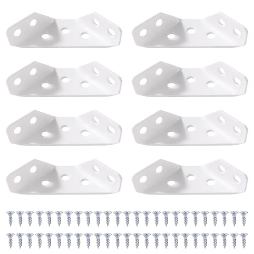 VooGenzek 8 Piezas Grosor 1.5mm Soporte de Esquina de Acero Inoxidable, Soporte Triangular, Conectores de Esquina y 50 Tornillos, para Estanterías de Madera Armarios Mesas, Pequeño Blanco