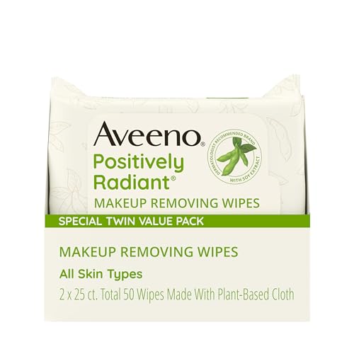 Aveeno Positively Radiant Alcohol Free Makeup Removing Face Wipes, Ultra Soft, Gentle, Non-Comedogenic Facial Cleansing Towelettes Leave Skin Clean & Soft, Sulfate Free, Twin Pack, 2x25 ct