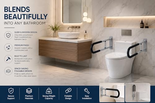 Image of BATH GURU Foldable Aluminium Toilet Grab Bar for Elderly & Disabled, Wall Mounted Bathroom Safety Rail with Soft Nylon Anti-Slip Grip, Heavy Duty Handicap Support Handle for Senior Citizens Pack of 2