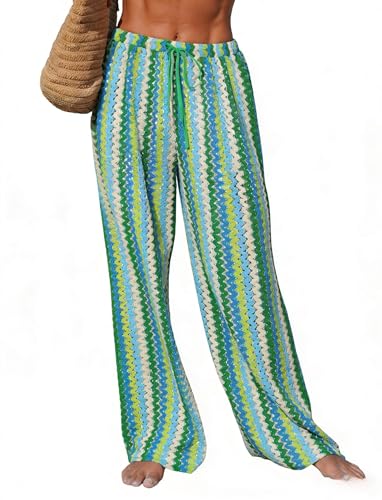 Image of ZAFUL Womens Beach Cover Up Pants Sexy Crochet Drawstring Elastic Boho Swimsuit Cover Up Long Pants Beach Wear