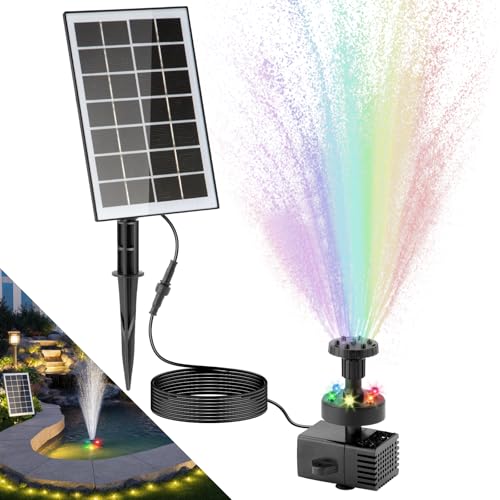 LESOLEIL Pompa solare per fontana d'acqua con batteria da 2000 mAh, 3,5 W, con 8 ugelli, luci LED colorate, per bagno, cortile, giardino e stagno