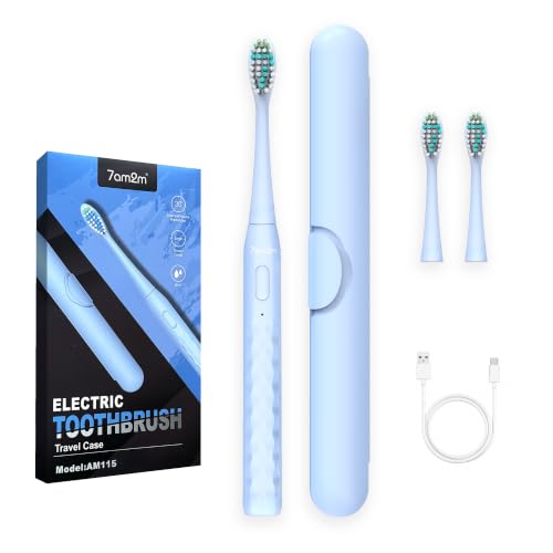 Image of 7AM2M Sonic Travel Electric Toothbrush for Adults&Kids, Travel Case&2 Brush Heads, 1 Charge for 90 Days, Type-C Rechargeable Sonic Toothbrush, Compact Design for Daily /Travel Use-Blue