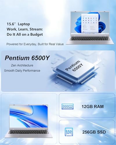 Image of 15.6 Inch Laptop Computer, 12GB RAM 256GB SSD Lap Top, Pentium 6500Y Processor (Up to 3.4GHz), FHD Display, Fast Charging, Long Battery Life, Laptop for Business Home Student
