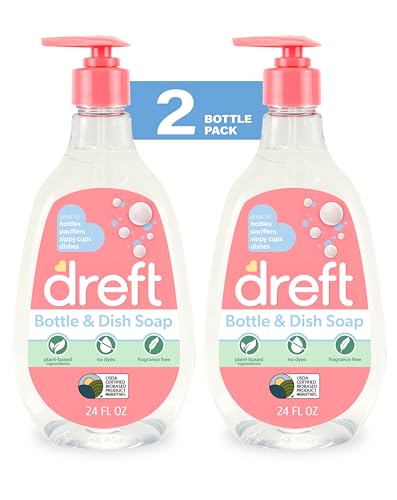 Image of Dreft Baby, Bottle and Dish Soap, Removes Milk Film & Odor, Plant Based, Fragrance Free, Travel Size Bottles, 24 Fl Oz (Pack of 2)