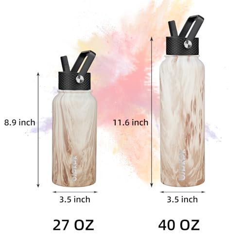 Image of BJPKPK Insulated Water Bottles with Straw Lid, 40oz Stainless Steel Water Bottles with 3 Lids, BPA Free Leakproof Thermo, Tumblers, Cups for Sports-Wood Yellow Gray