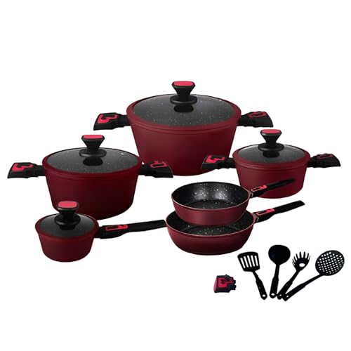 PARAMAISON Batteria Pentole e Padelle Antiaderenti, Set da 24 Pezzi con Mestoli, Coperchi in Vetro Temperato, Manico Removibile, Senza Pfoa | Rosso