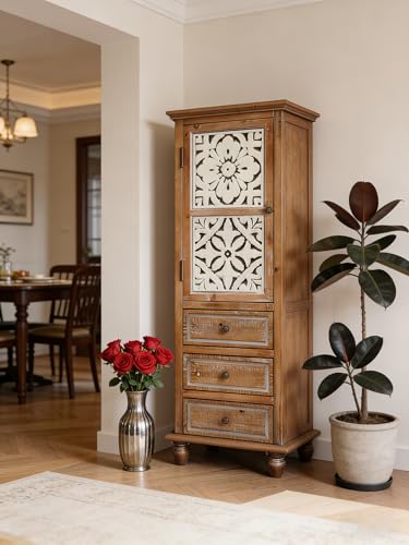 Image of Tall Storage Cabinet with Carved Drawers, Vintage Wood Accent Cabinet, Decorative Narrow Storage Cabinet for Living Room, Entryway, Kitchen, and Hallway with 3 Drawers and 1 Door