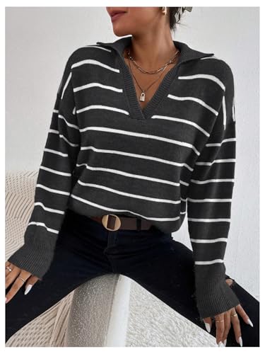 MakeMeChic Women's Striped Pattern Collar V Neck Long Sleeve Pullover Sweater Casual Knitwear Top4