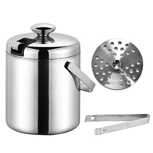 Cubitera De Acero Inoxidable 3 Litros Con Colador - Ideal Para Mantener El Hielo Frío, Incluye Pinzas Y Tapa