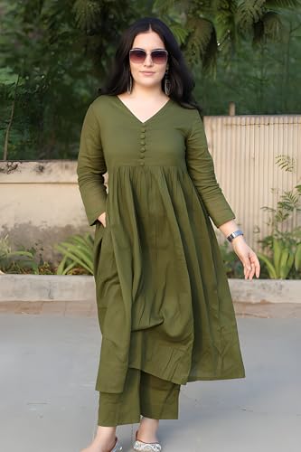 Image of ANILINE Women's V-Neck, Button Front, three-quarter sleeves, Anarkali shape, Empire Waist, Pleated Design Kurta With Pant