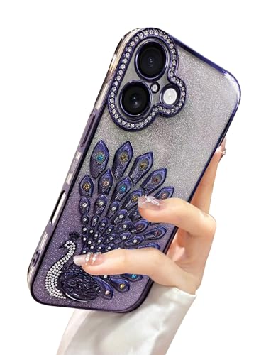 Image of mobistyle Case for iPhone 16,3D Diamond Luxury Electroplate Glitter Peacock Tail Bling Design Camera Protection Shockproof Phone Case for (Purple, iPhone 16)