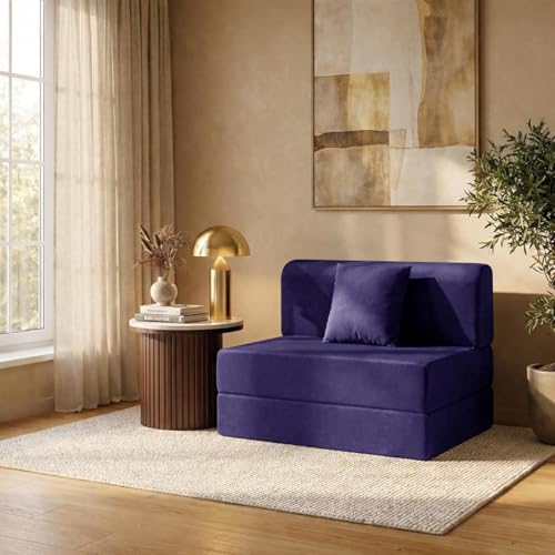 Image of Rosebell Single Seater Foldable Sofa Cum Bed (3x6 Feet) Jute Fabric, Washable Removable Cover, Includes 1 Cushion | Space Saving Convertible Sofa Bed for Home, Office & Guests - Purple