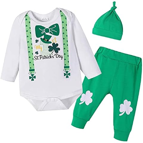 Zusnxaxe Newborn Baby Boy My 1st St. Patrick's Day Outfit Infant Shamrocks Pant set Toddler Pullovers Long Sleeve Romper with Hat 3PCS(0-3 Months) Cover