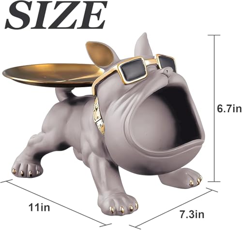 Image of Cool Bulldog Key Bowl & Accessory Tray - Matte Black & Gold Resin Dog Sculpture Multifunctional Organizer Showpiece for Keys Watches & Candy (Grey Gold, Dog with Tail Plate)