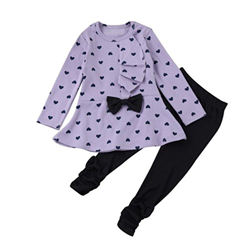 Sannysis Cute Baby-Mädchen Langarm-Blumen-Bogen-Hemd + Plaid Pant Set Kleidung (100(2-3Y), Lila)