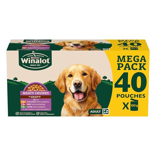 WINALOT Meaty Chunks Adult Nassfutter für Hunde, gemischt in Soße, Rind, Huhn, Lamm, 40x100g Beutel
