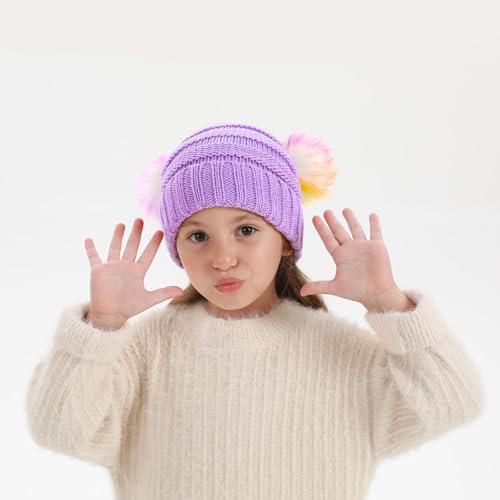 Kids Beanie Hat Winter Knitted Pom Beanie Hat for Toddler Girl with Warm Fleece Lined Indoor Outdoor 6