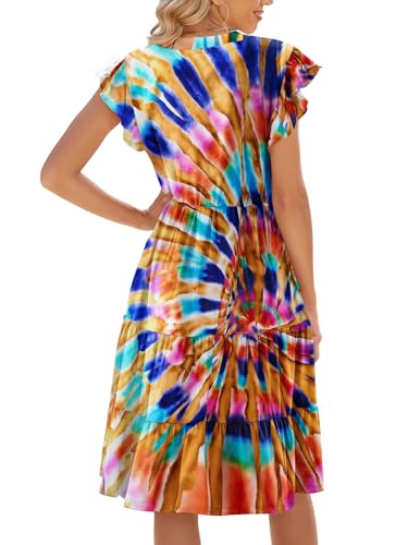 Image of Womens Summer Dress Ruffle Sleeve V Neck Midi Dresses Casual Fit Flowy Tiered Boho Beach Vacation Sundress
