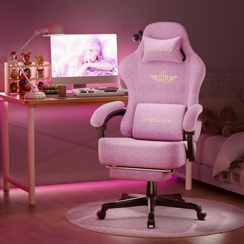 Image of GTPLAYER Big and Tall Gaming Chair with Pocket Spring Cushion, High Back Ergonomic Computer Chair with Footrest for Adults Lumbar Support Swivel Game Chair for Office Gaming 350LBS, Fabric Pink