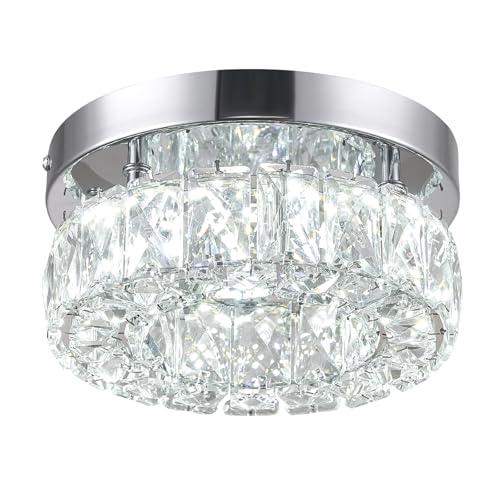 LEONTYNE Modern Crystal LED Ceiling Light,Energy-Efficient Chandelier with K9 Crystals & Stainless Steel,Dia 20cm Flush Ceiling Light for Hallway Kitchen Bedroom Living Room Lounge(Cool White)